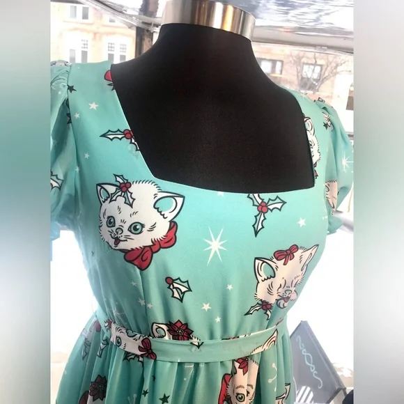 Sourpuss Christmas Kitties Women’s Cream Puff Dress Ice Blue New - Picture 8 of 11
